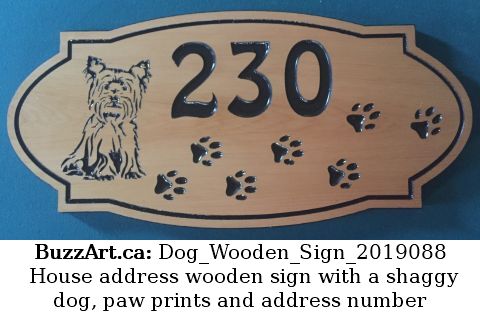 House address wooden sign with a shaggy dog, paw prints and address number